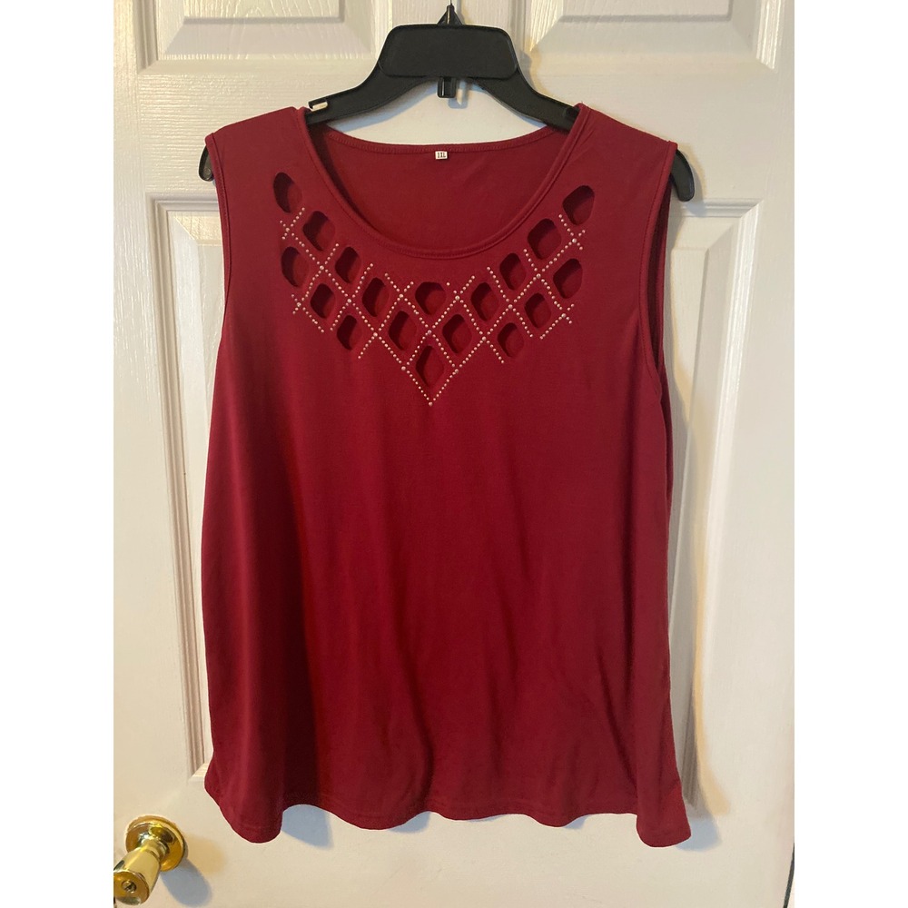 Burgundy Sleeveless Studded Lattice Cut Out Knit Top 1XL